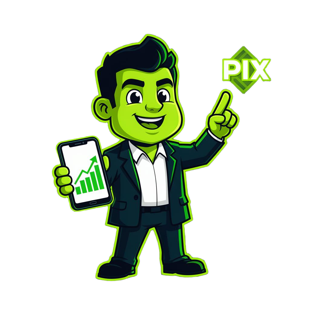 Zeca, mascote do Paga aê, segurando smartphone com gráfico de crescimento e símbolo do PIX
